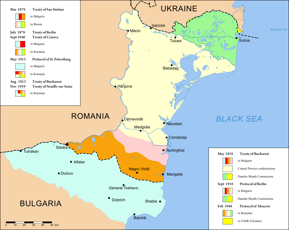 Dobrudzsa felosztása 1878-tól napjainkig / Forrás : Electionworld - wikipedia.org