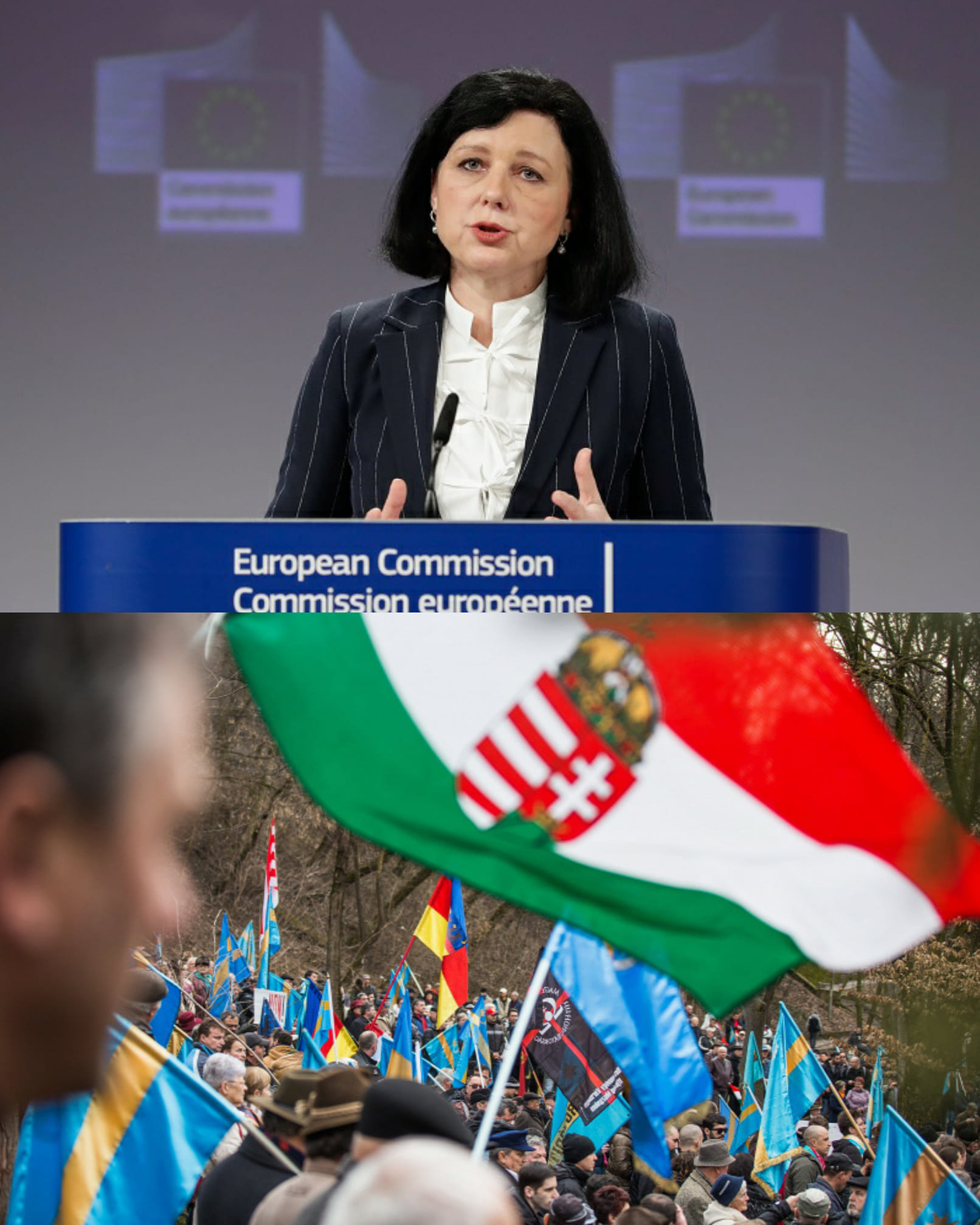 Fent: A baloldali cseh Vera Jourová az Európai Bizottság alelnöke. Lent: Erdélyi magyarok tüntetése a sorozatos román jogtiprások ellen